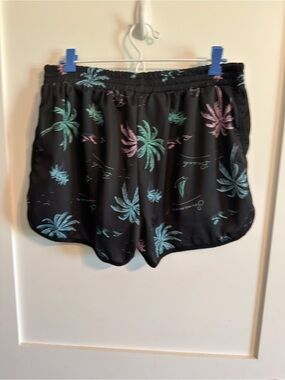 Black Palm-Print Athletic Shorts with Mint & Pastel Pink Accents